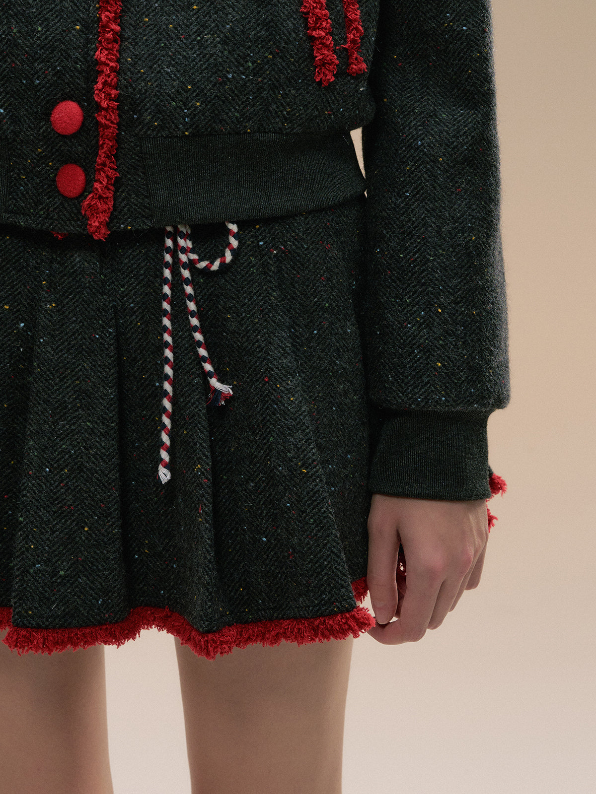 Fringed Contrast Varsity Jacket & Pleated Skirt