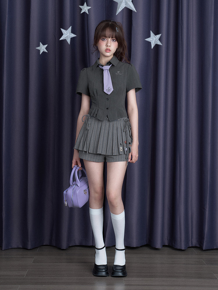 Pleated Striped Skort With Button Decoration