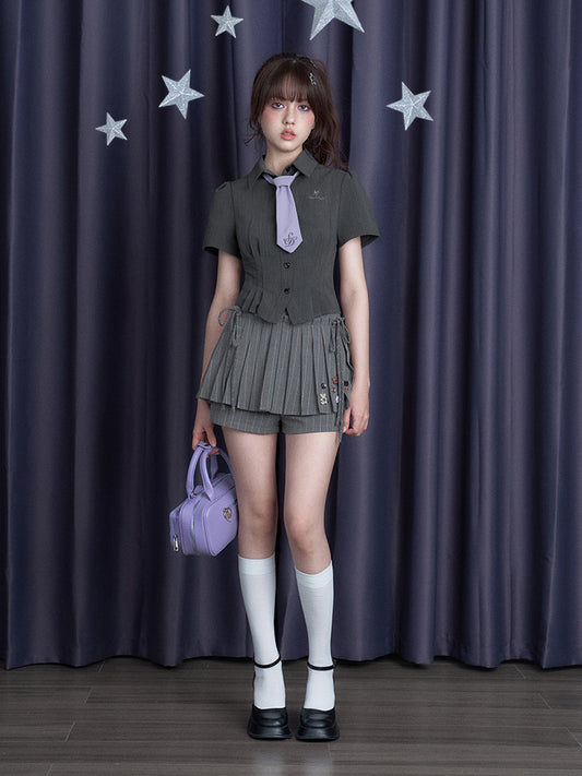 Pleated Striped Skort With Button Decoration