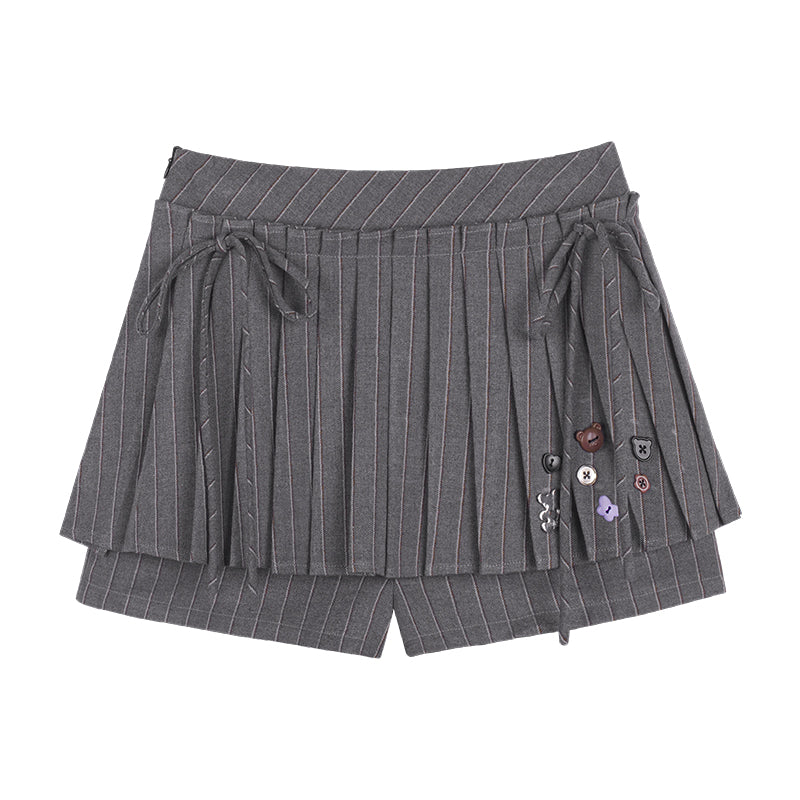 Pleated Striped Skort With Button Decoration