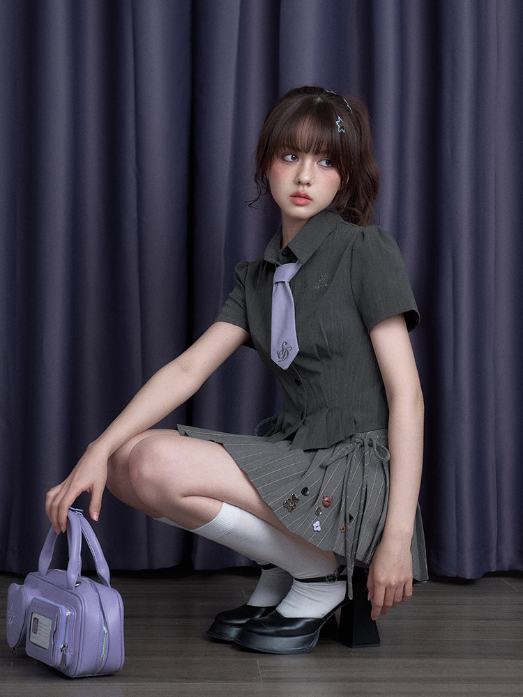 Pleated Striped Skort With Button Decoration