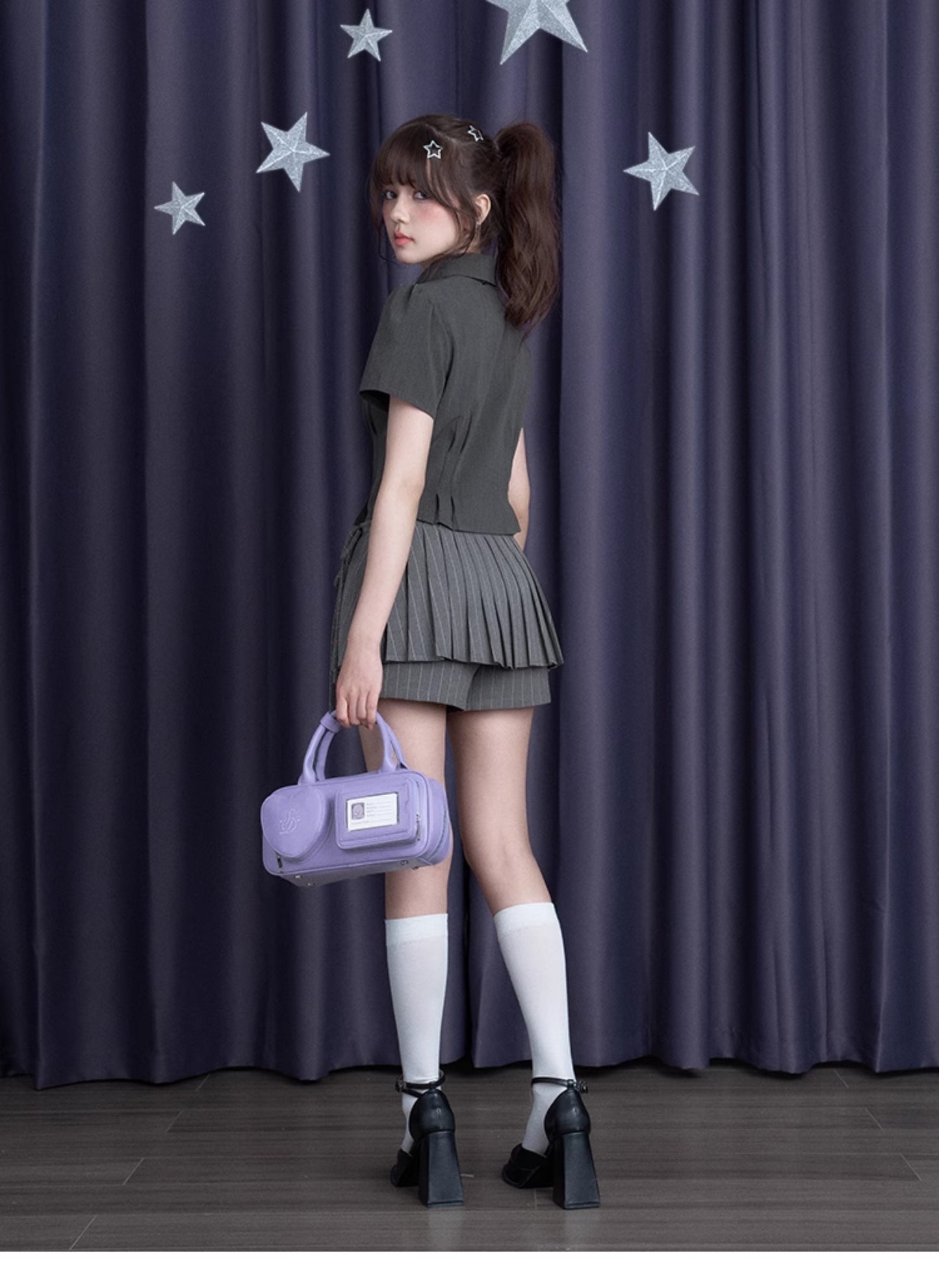 Pleated Striped Skort With Button Decoration