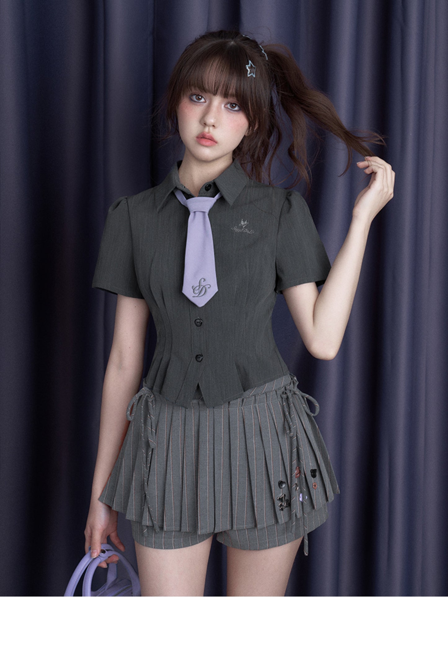 Pleated Striped Skort With Button Decoration