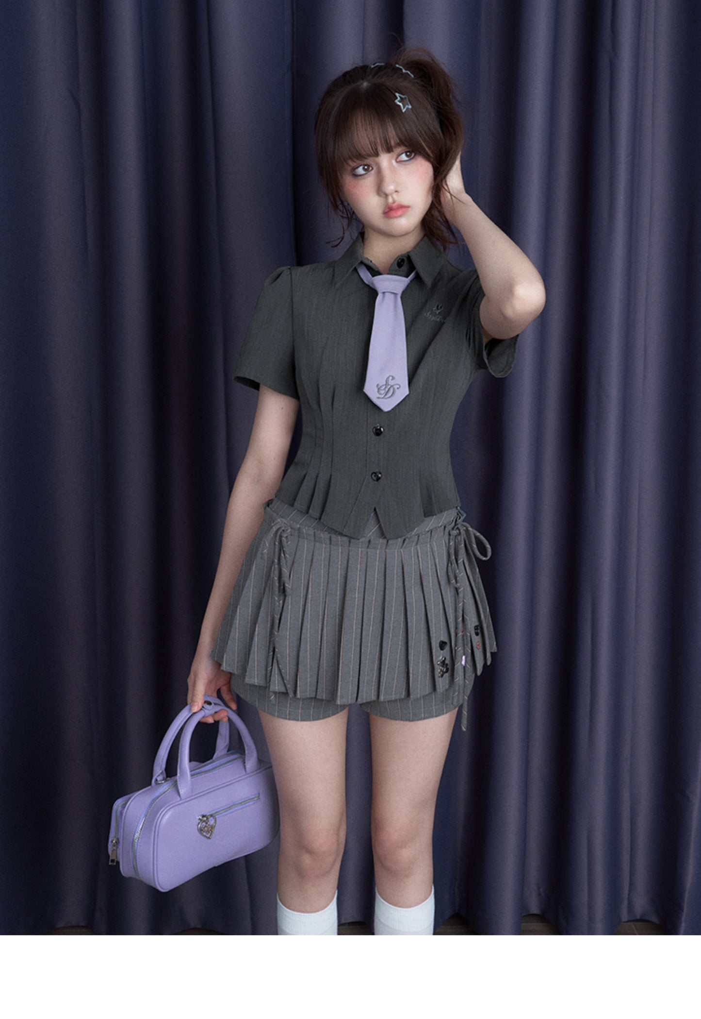 Pleated Striped Skort With Button Decoration