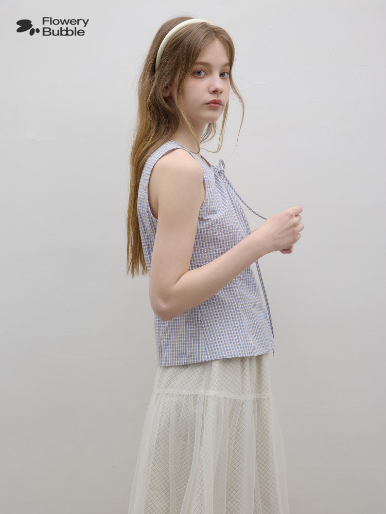 Sleeveless Button-Up Shirt With Gathered Tie Neck