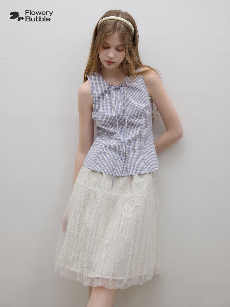 Sleeveless Button-Up Shirt With Gathered Tie Neck