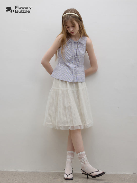 Sleeveless Button-Up Shirt With Gathered Tie Neck