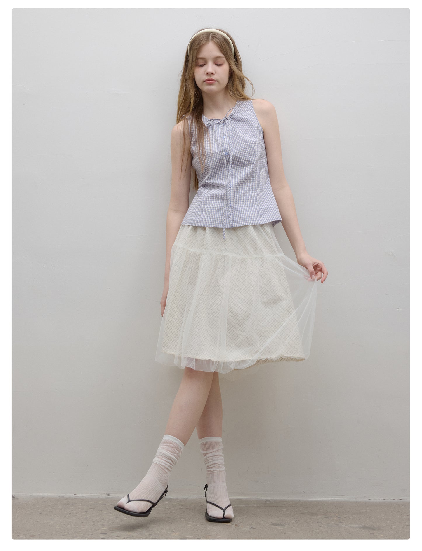 Sleeveless Button-Up Shirt With Gathered Tie Neck