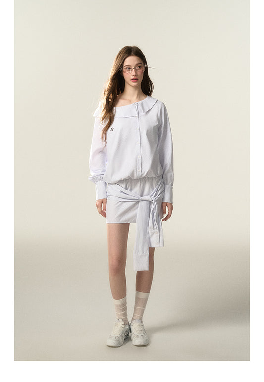 Stripe Cinched Waist Shirt Dress With Unique Sleeve Detail