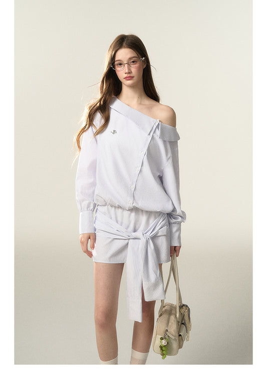 Stripe Cinched Waist Shirt Dress With Unique Sleeve Detail