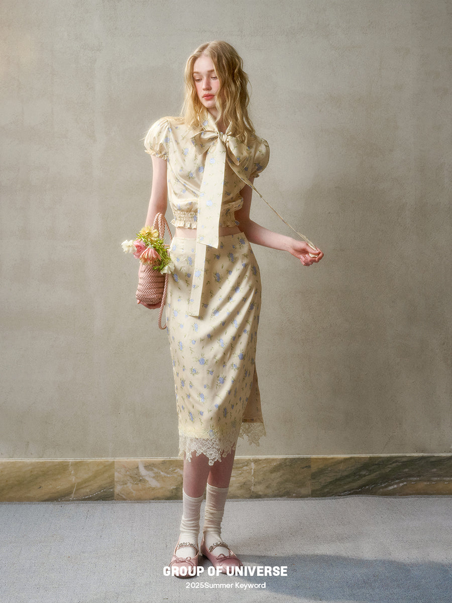 Floral Top With Large Tie & Lace-Trimmed Slit Skirt