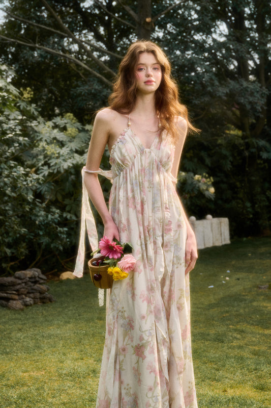 Open-Back Floral Halter Maxi Dress With Beaded Straps