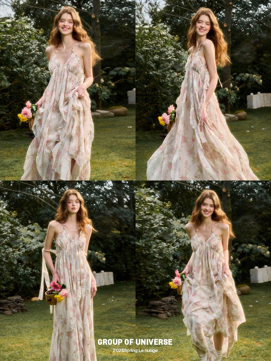 Open-Back Floral Halter Maxi Dress With Beaded Straps