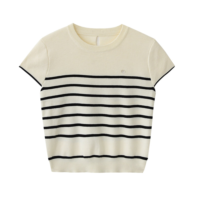Cut-Out Knit T-Shirt With Contrast Stripes