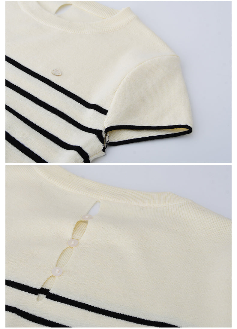 Cut-Out Knit T-Shirt With Contrast Stripes