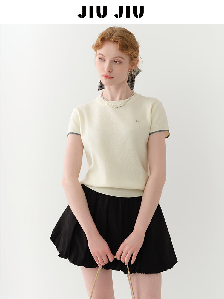 Cut-Out Knit T-Shirt With Contrast Stripes