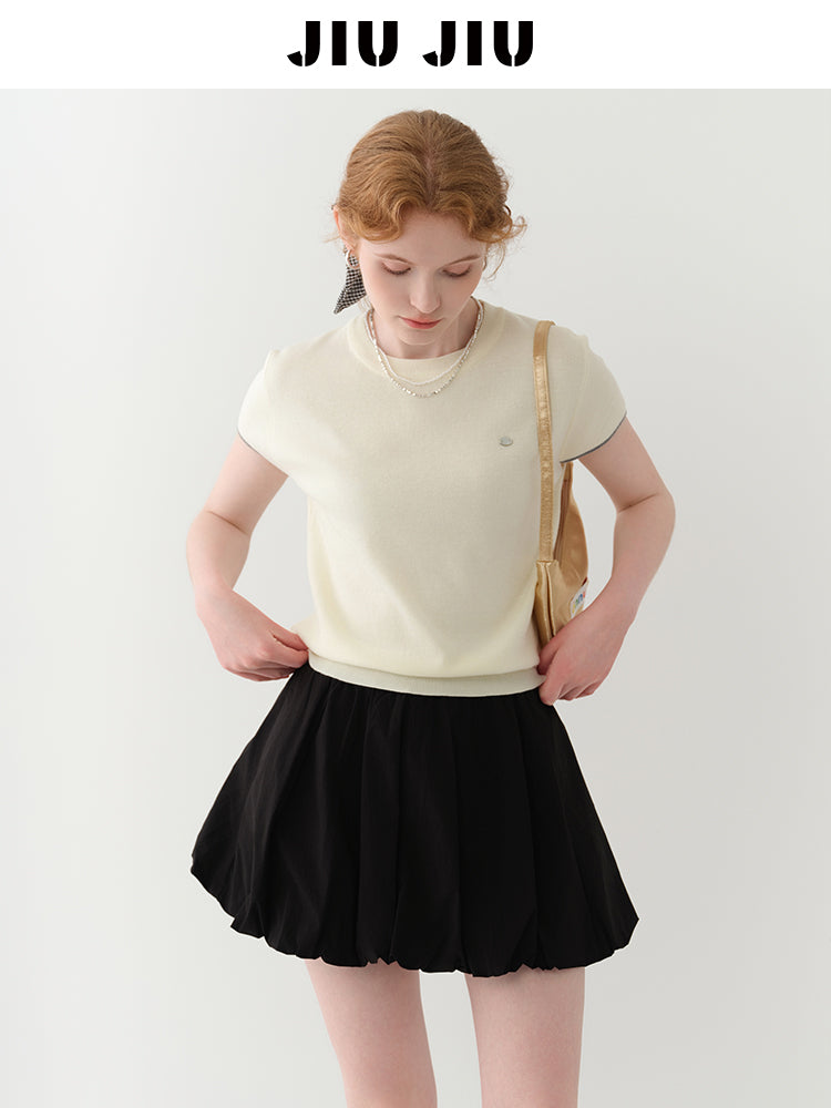 Cut-Out Knit T-Shirt With Contrast Stripes