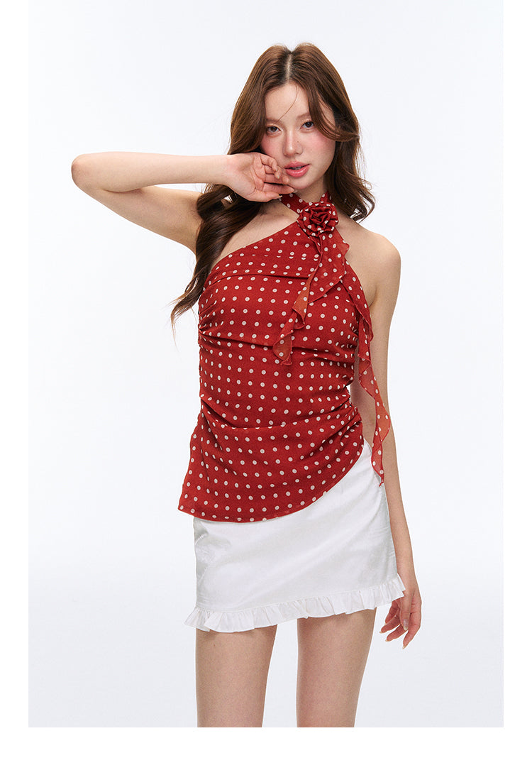Asymmetric Dotted Ruched Halter Neck Top