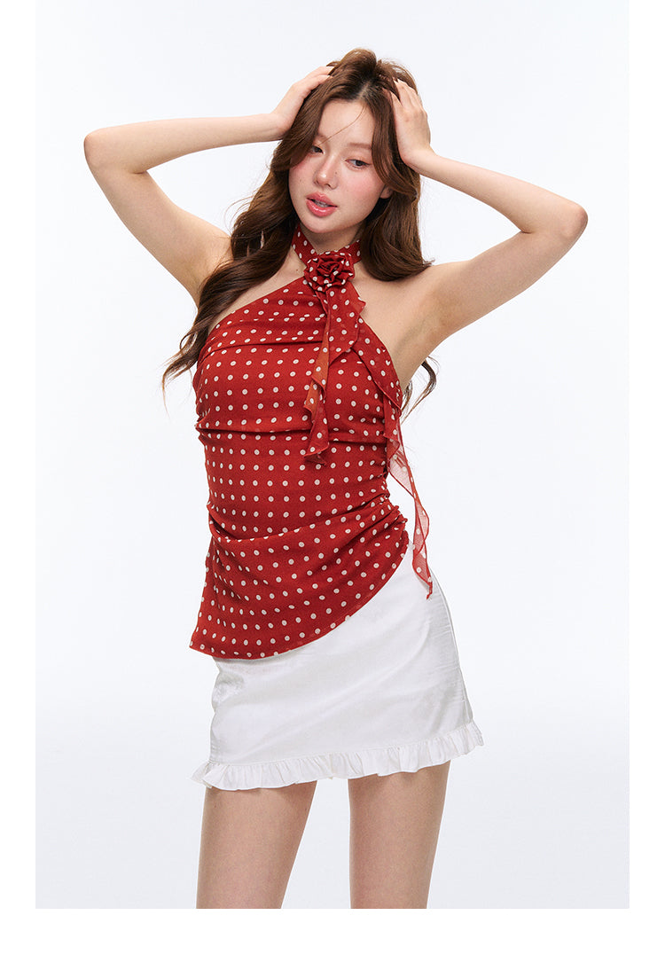 Asymmetric Dotted Ruched Halter Neck Top