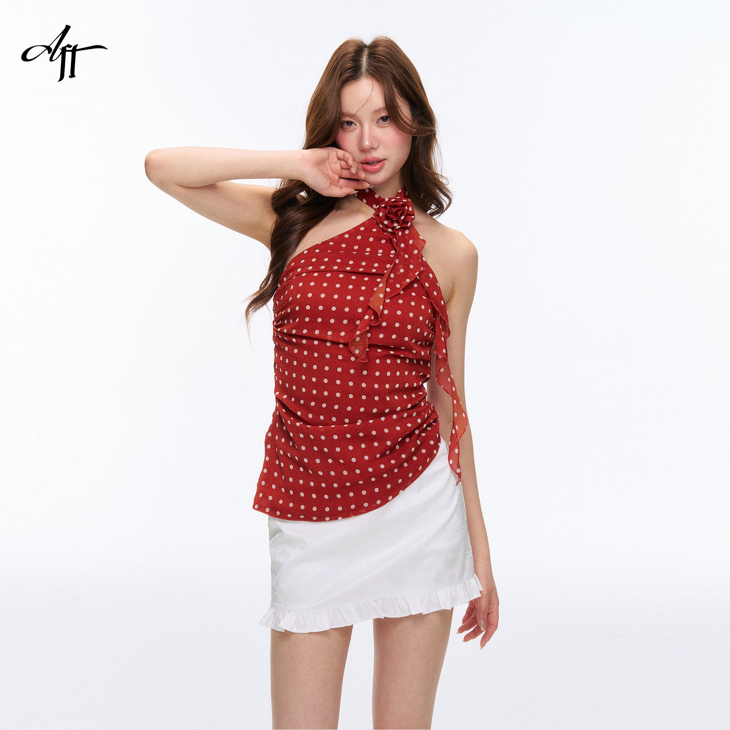 Asymmetric Dotted Ruched Halter Neck Top