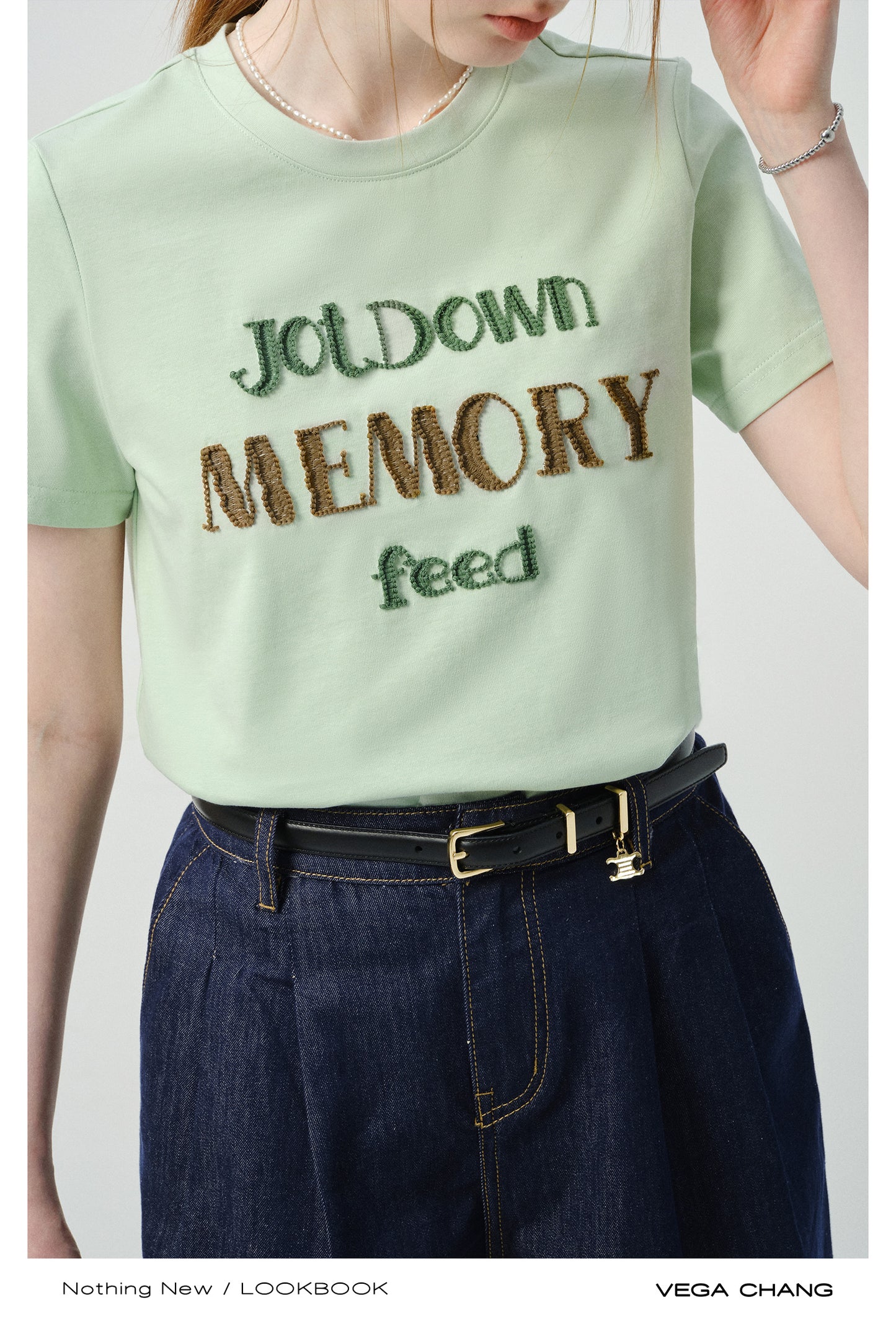 Lettering Embroidered T-Shirt & Denim Shorts