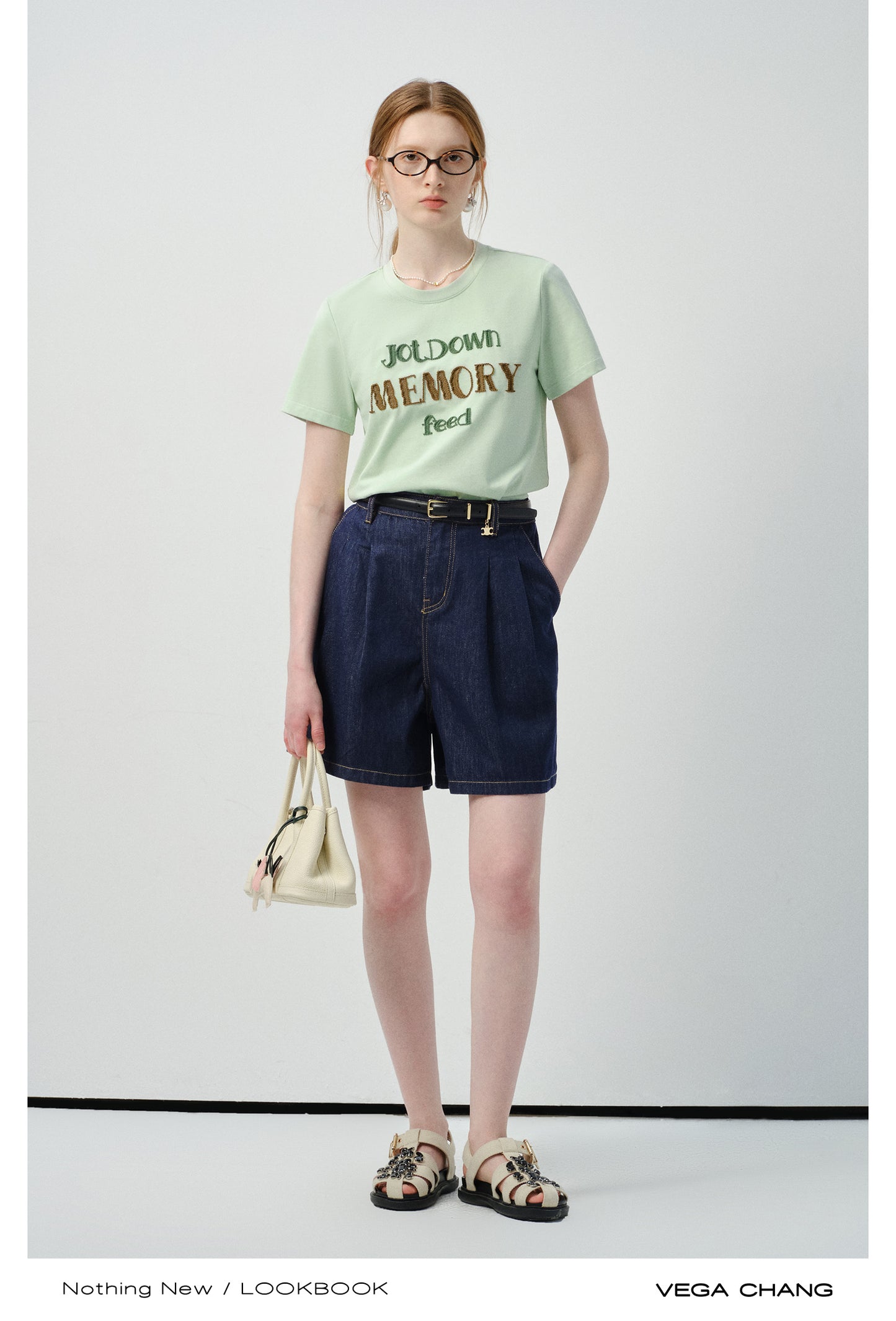 Lettering Embroidered T-Shirt & Denim Shorts