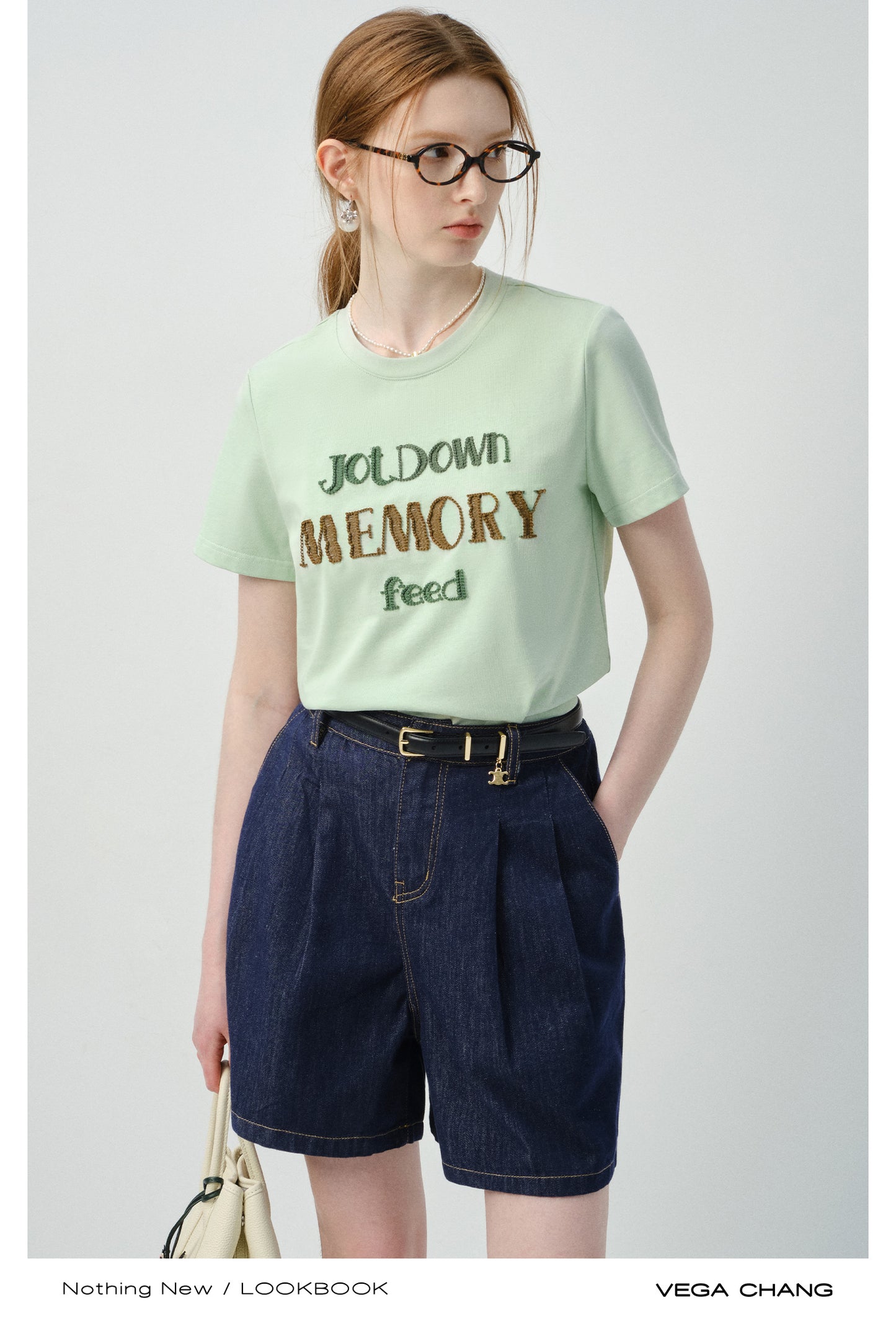 Lettering Embroidered T-Shirt & Denim Shorts