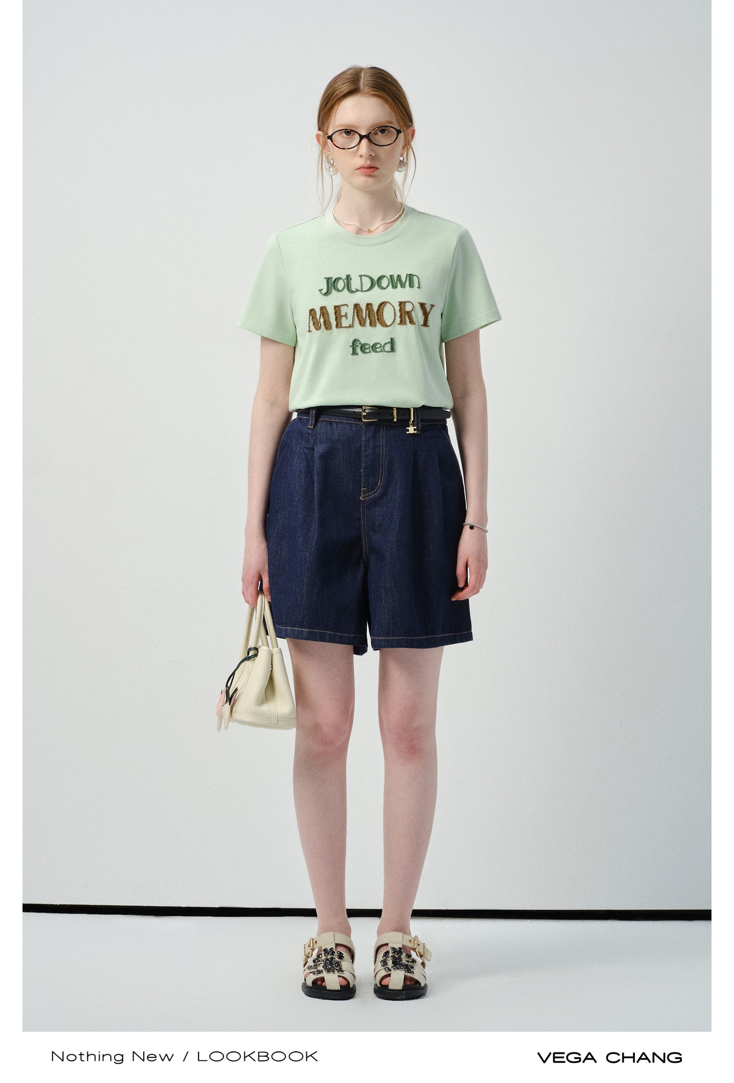 Lettering Embroidered T-Shirt & Denim Shorts