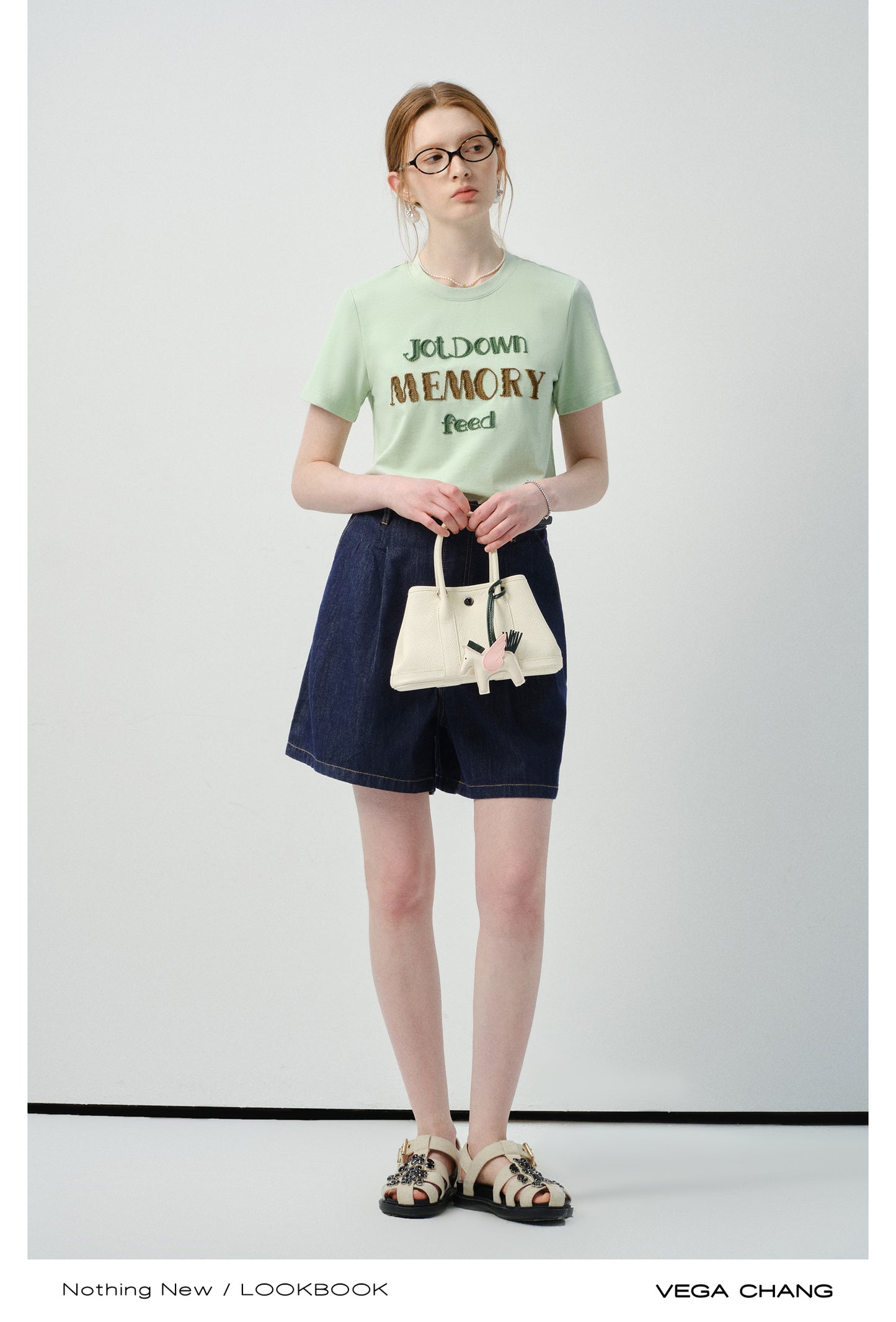 Lettering Embroidered T-Shirt & Denim Shorts