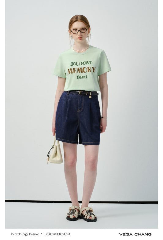 Lettering Embroidered T-Shirt & Denim Shorts