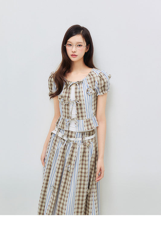 Floral Puff Sleeve Blouse & Skirt – Check & Stripe Patchwork