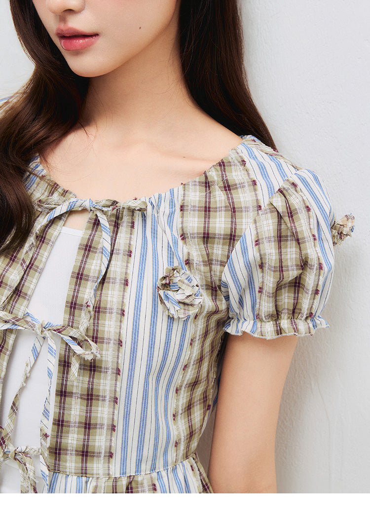 Floral Puff Sleeve Blouse & Skirt – Check & Stripe Patchwork