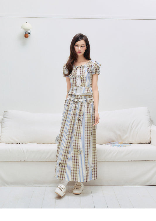 Floral Puff Sleeve Blouse & Skirt – Check & Stripe Patchwork