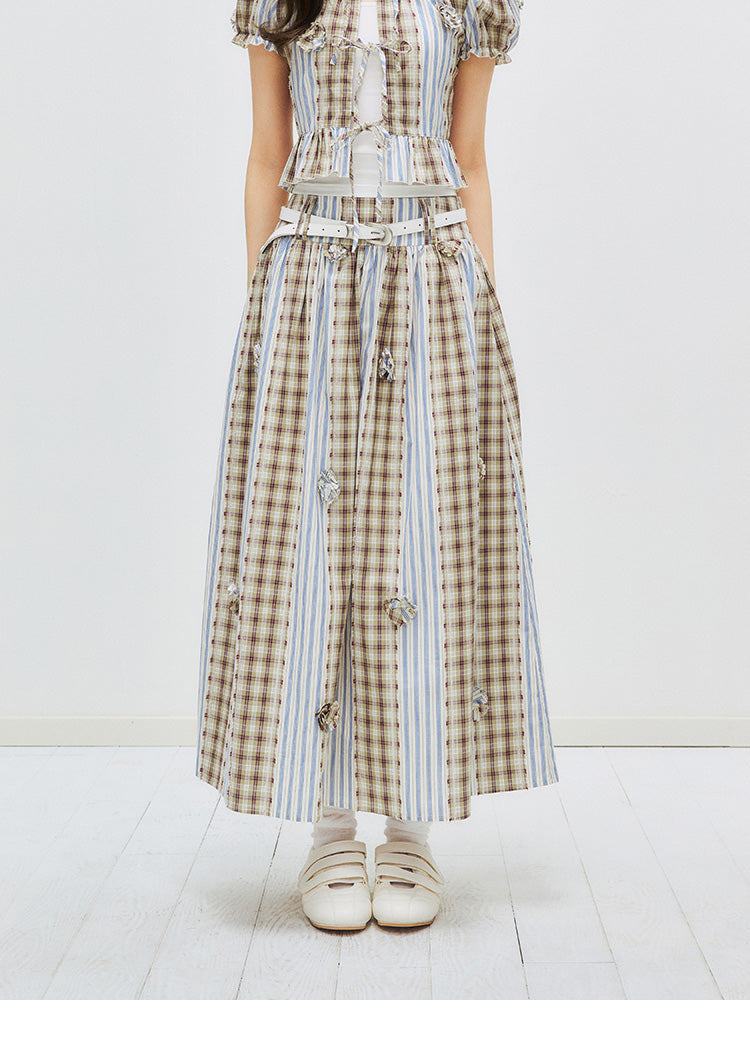 Floral Puff Sleeve Blouse & Skirt – Check & Stripe Patchwork