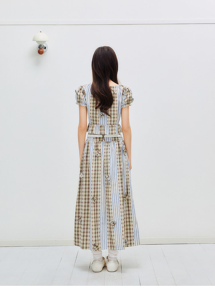 Floral Puff Sleeve Blouse & Skirt – Check & Stripe Patchwork