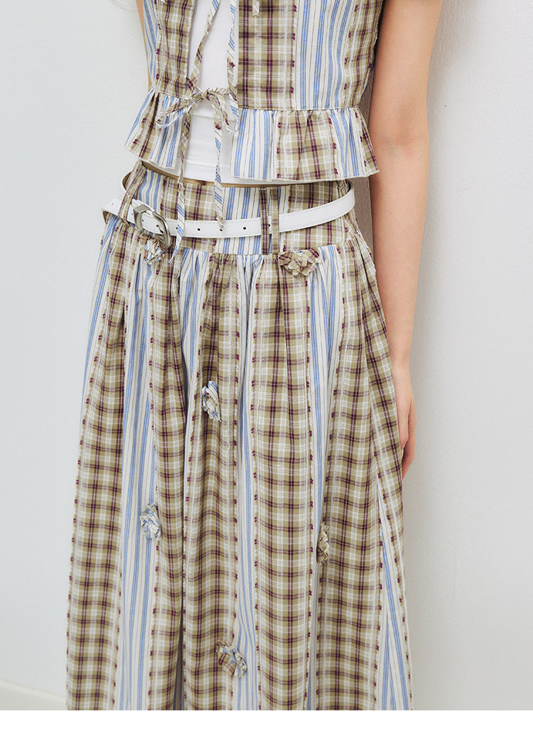 Floral Puff Sleeve Blouse & Skirt – Check & Stripe Patchwork