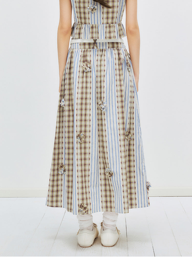 Floral Puff Sleeve Blouse & Skirt – Check & Stripe Patchwork
