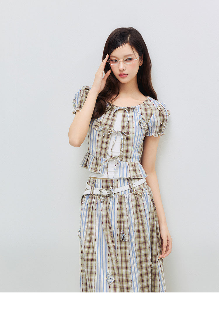 Floral Puff Sleeve Blouse & Skirt – Check & Stripe Patchwork