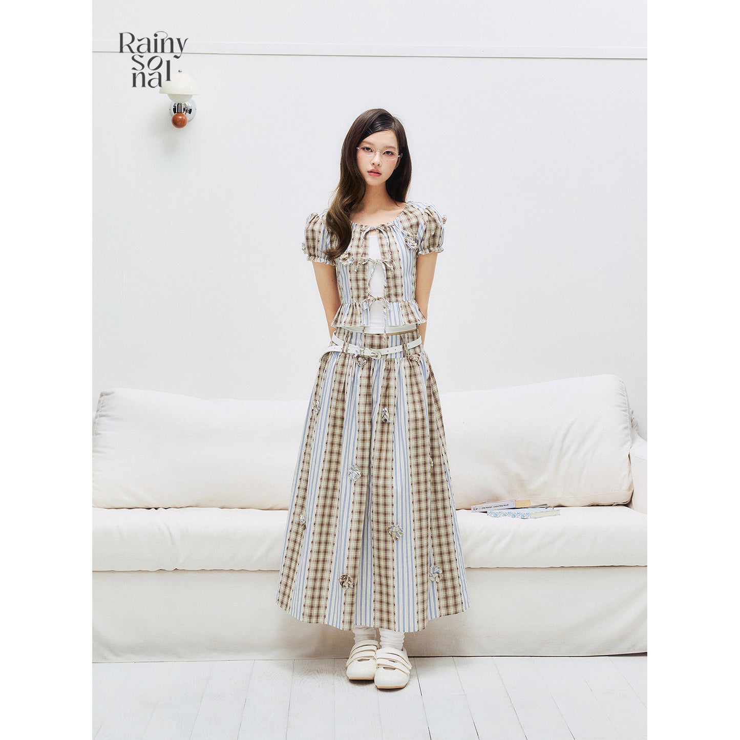 Floral Puff Sleeve Blouse & Skirt – Check & Stripe Patchwork