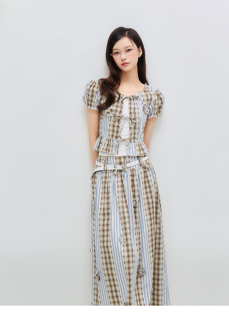 Floral Puff Sleeve Blouse & Skirt – Check & Stripe Patchwork
