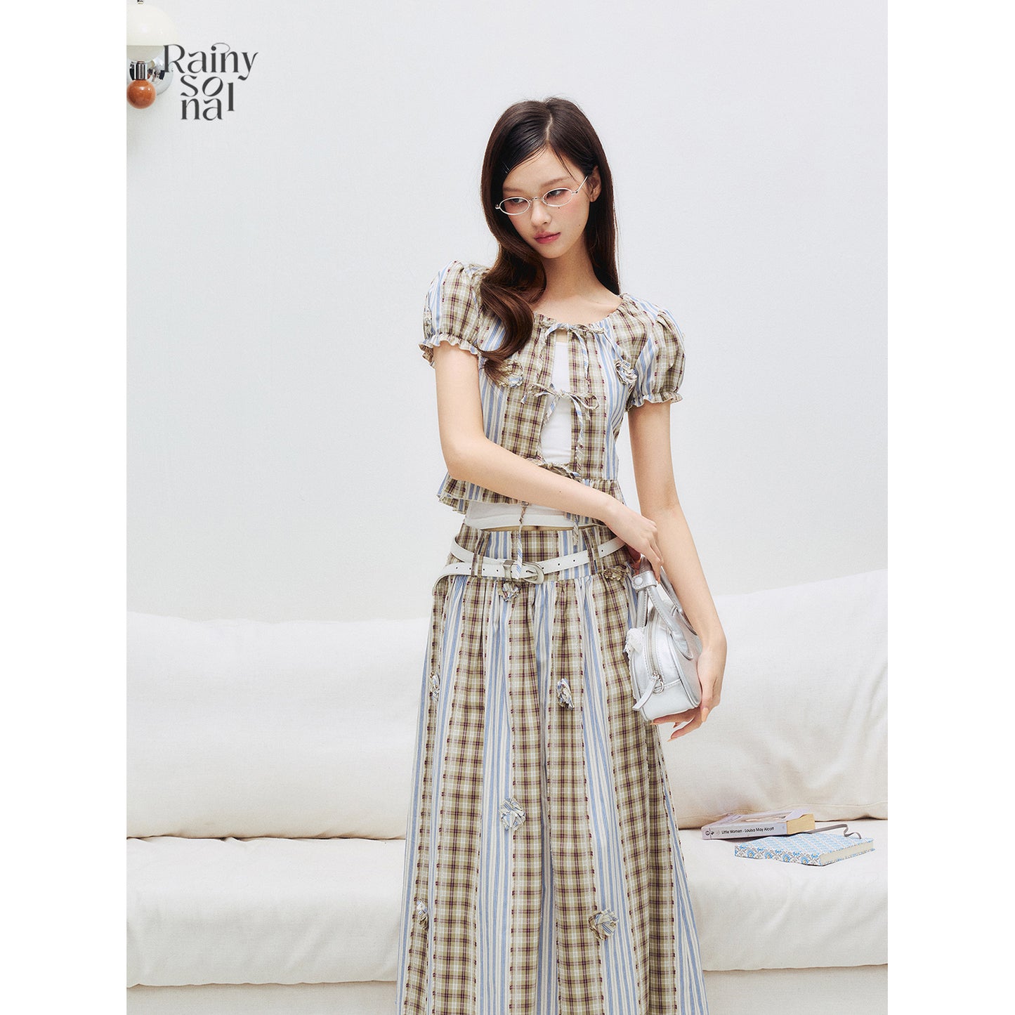 Floral Puff Sleeve Blouse & Skirt – Check & Stripe Patchwork