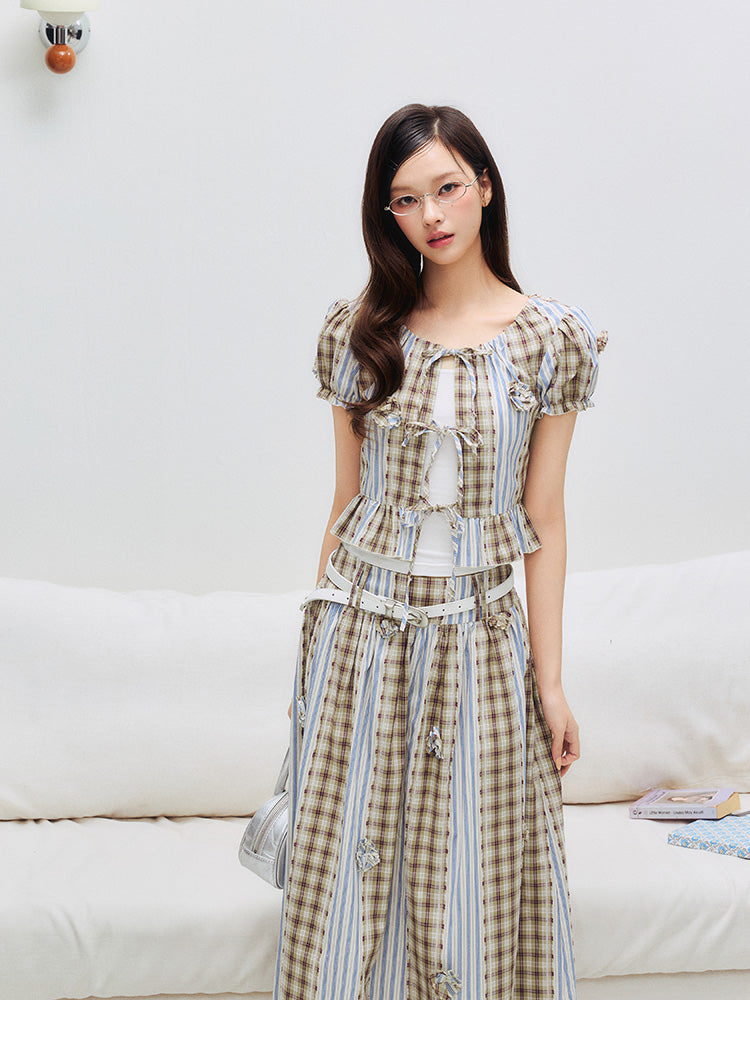 Floral Puff Sleeve Blouse & Skirt – Check & Stripe Patchwork