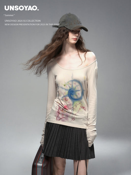 Wide Neck Art Print T-Shirt