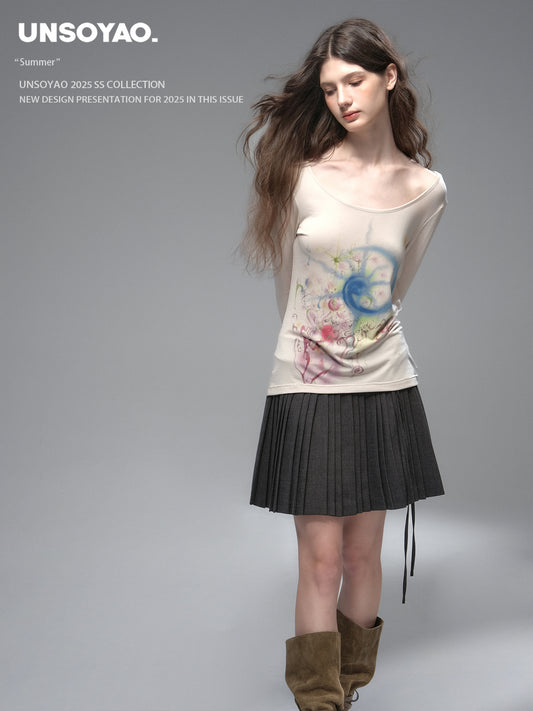 Wide Neck Art Print T-Shirt