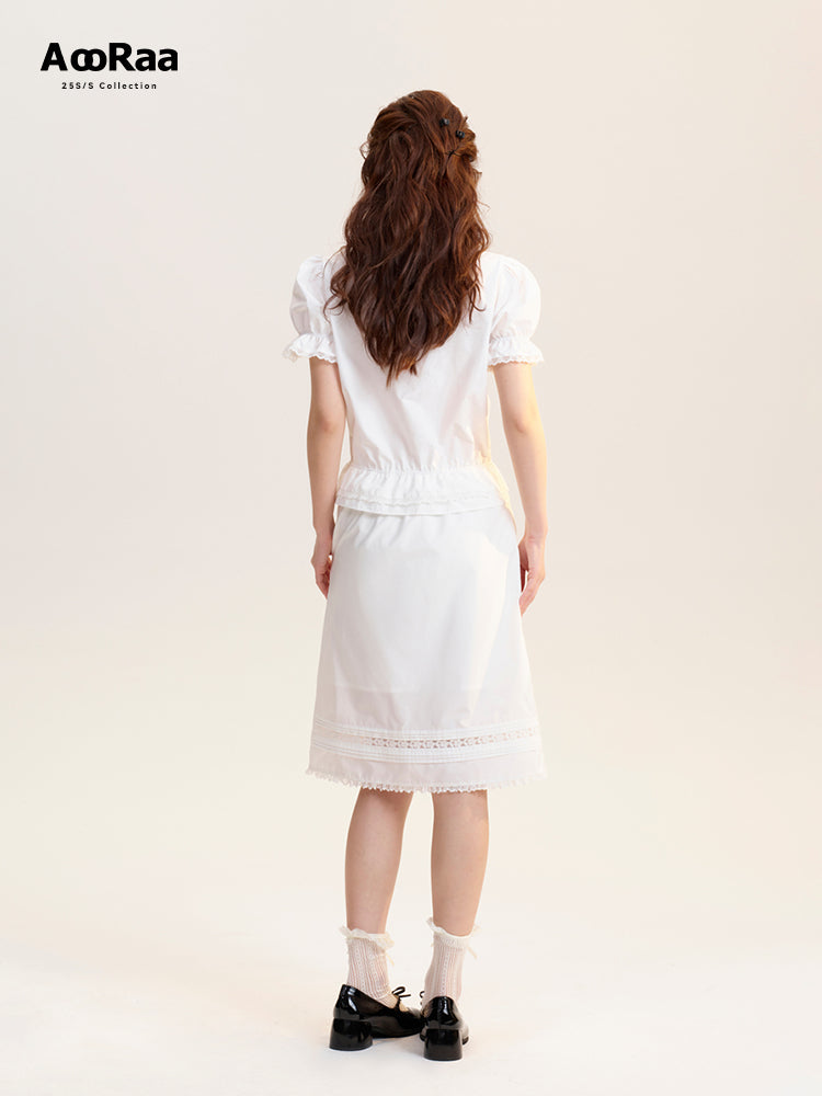 Lace-Accented Puff-Sleeve Blouse & Midi Skirt