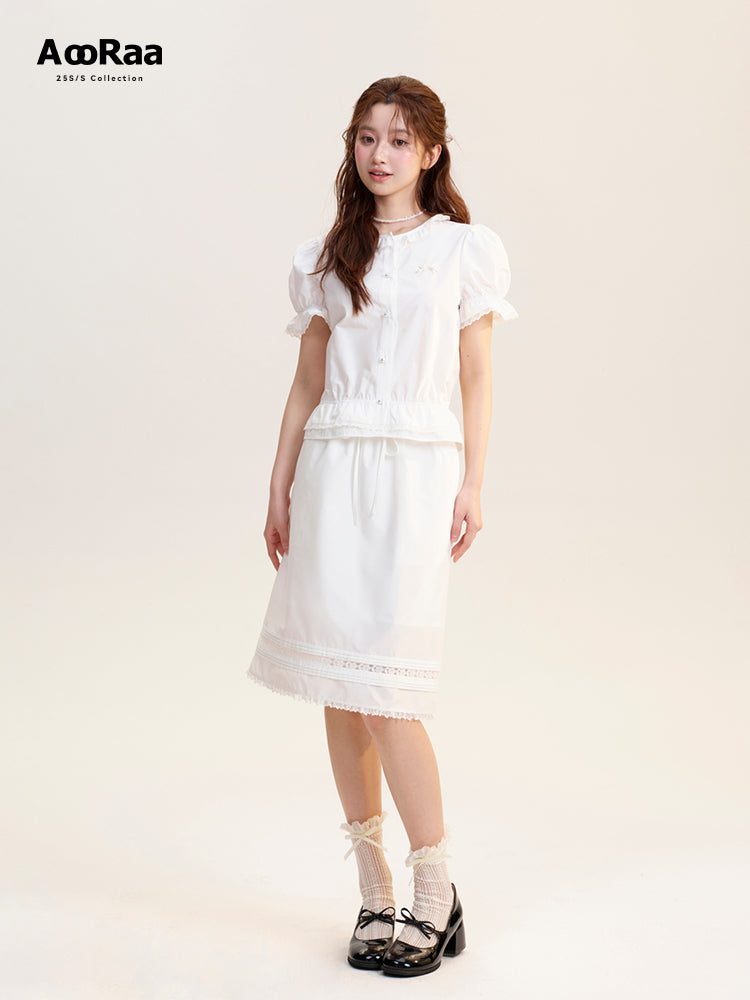 Lace-Accented Puff-Sleeve Blouse & Midi Skirt