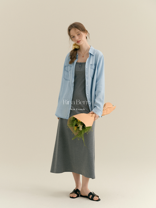 Minimalist Henley Neck Tank Dress & Denim Shirt