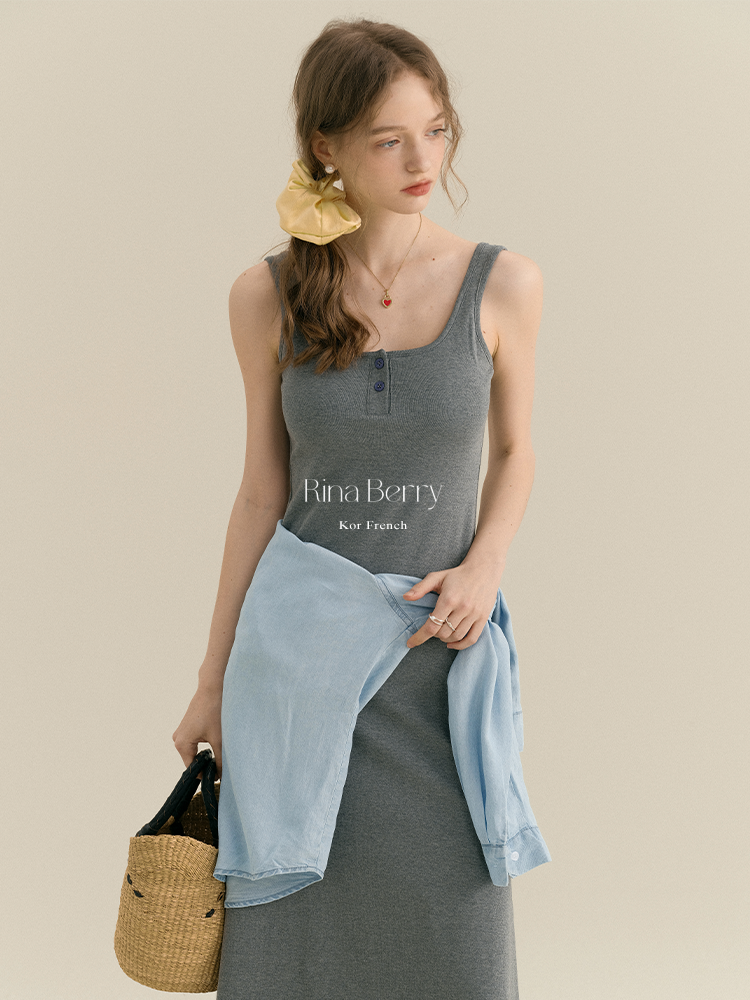 Minimalist Henley Neck Tank Dress & Denim Shirt