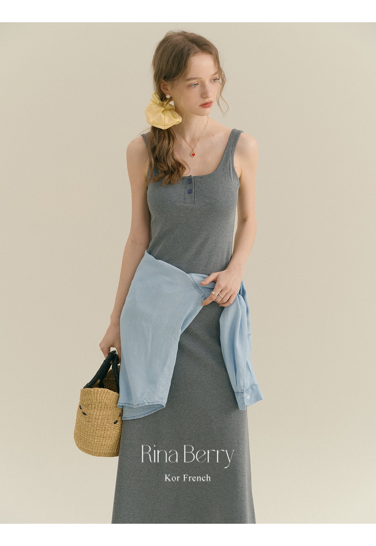 Minimalist Henley Neck Tank Dress & Denim Shirt