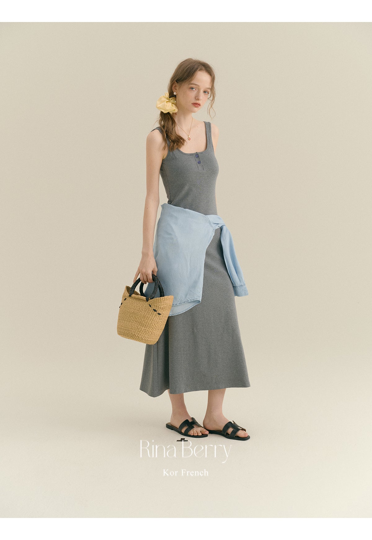 Minimalist Henley Neck Tank Dress & Denim Shirt
